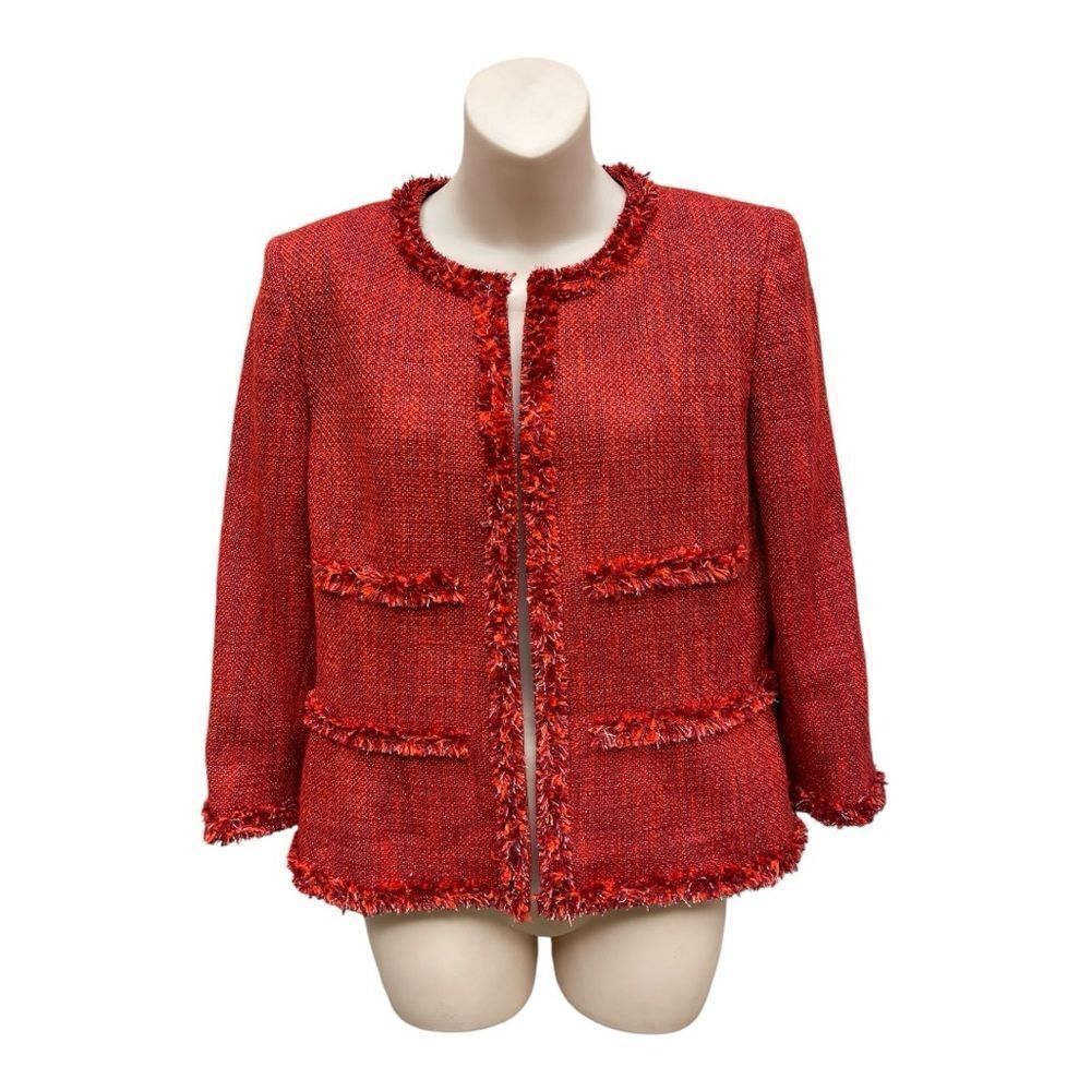 Kasper Redish Tweed Jacket Blazer Fringe 3/4 Sleeve Sz 8 Office Feminine Classic